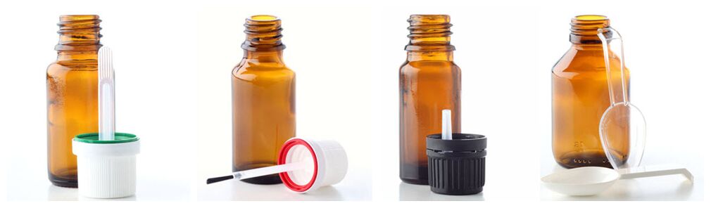 Pipeta, pincel, dispensador de gotejamento e colher medidora complementam frascos de vidro para óleos essenciais